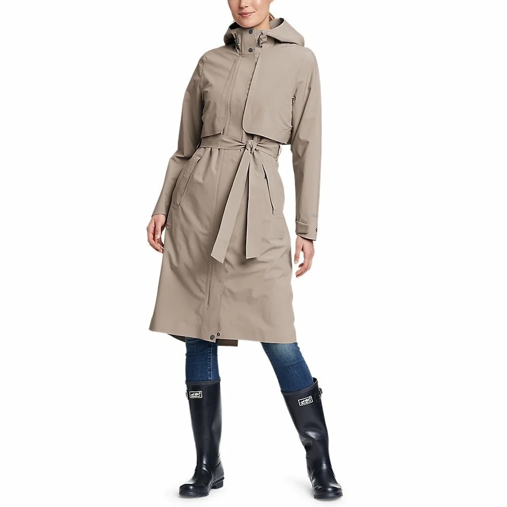 Eddie Bauer Taupe Hooded Trench Coat with Tie Belt